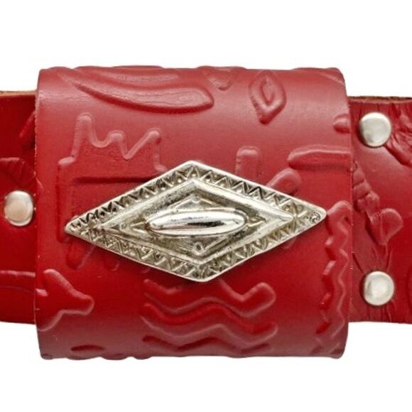Vintage French Red Tooled Leather Belt w/ Sculptural Silver Buckle & Keeper 80s - Picture 5 of 14